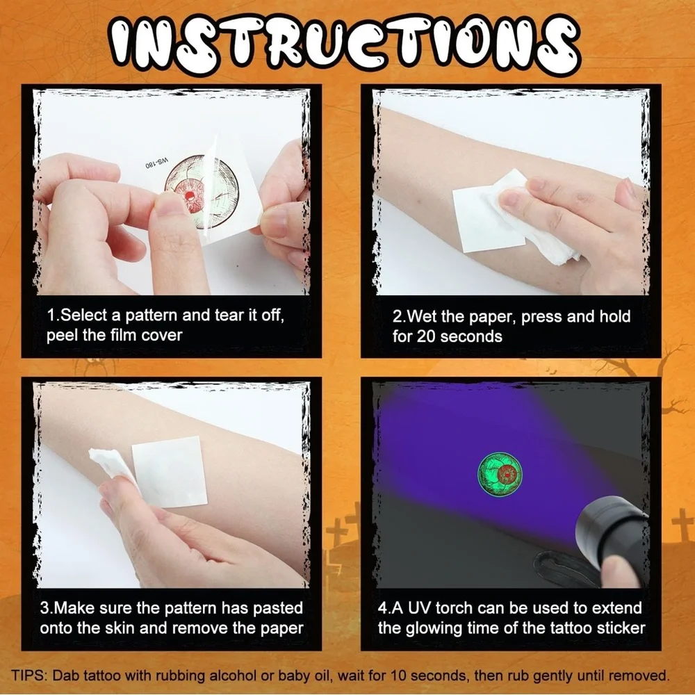 Halloween Tattoos for Kids, Individually Wrapped Glow In the Dark Kids Tattoos